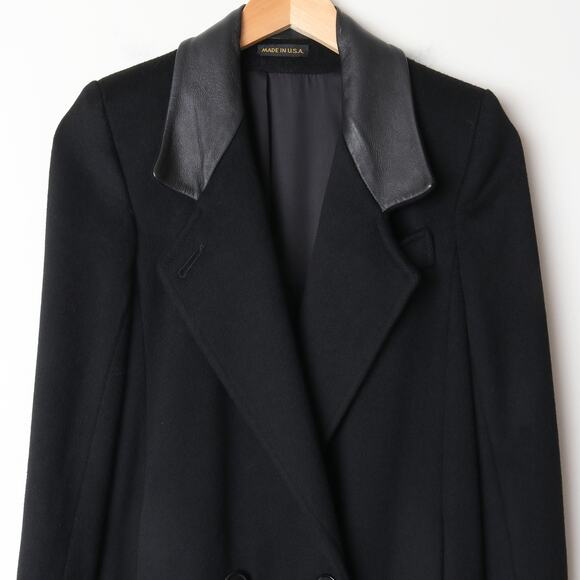 Vintage 1980s Black Wool Fitted Tailored Coat with Leather Collar XS Petite - Picture 6 of 7